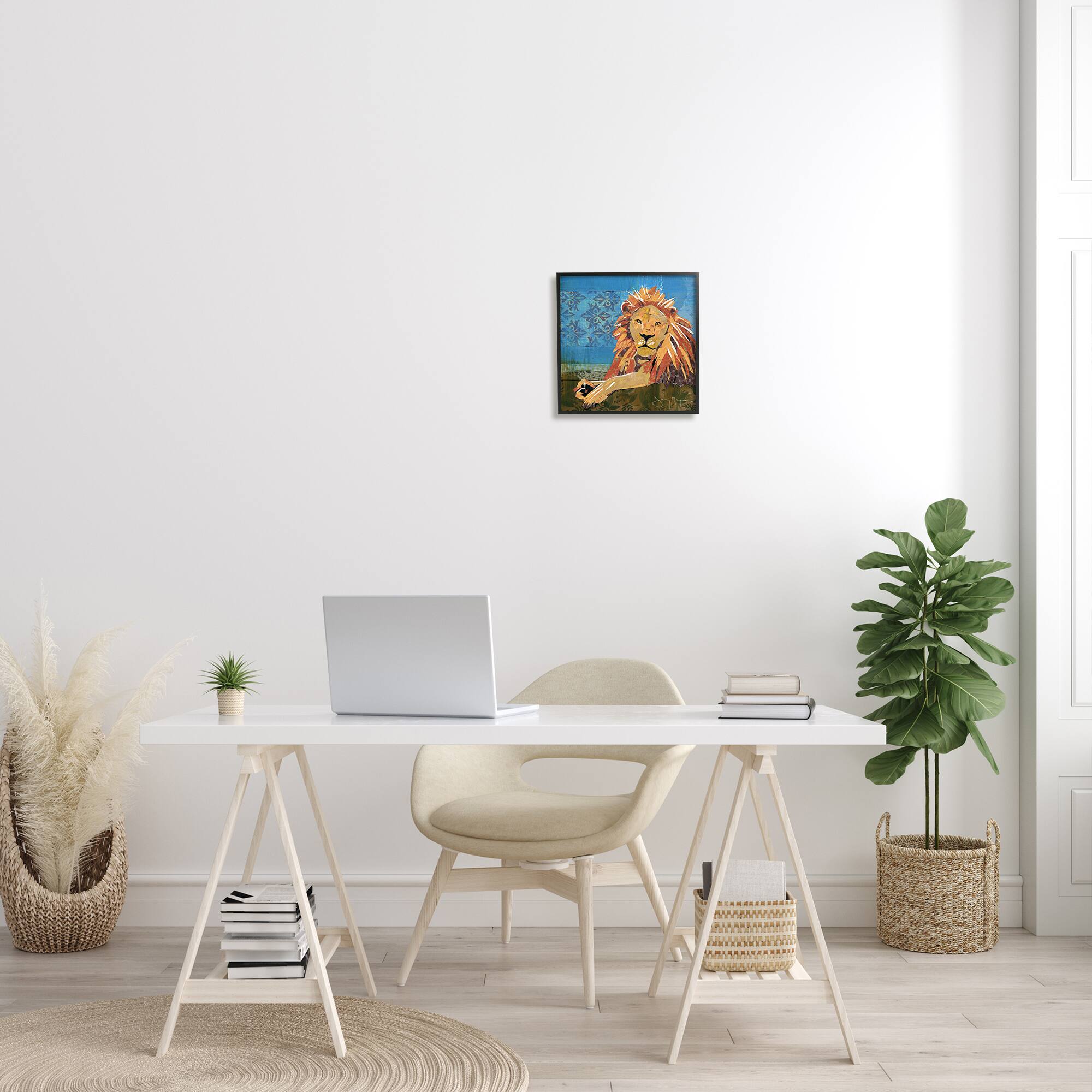 Stupell Industries Safari Lion Abstract Shape Collage Blue Orange Framed Wall Art